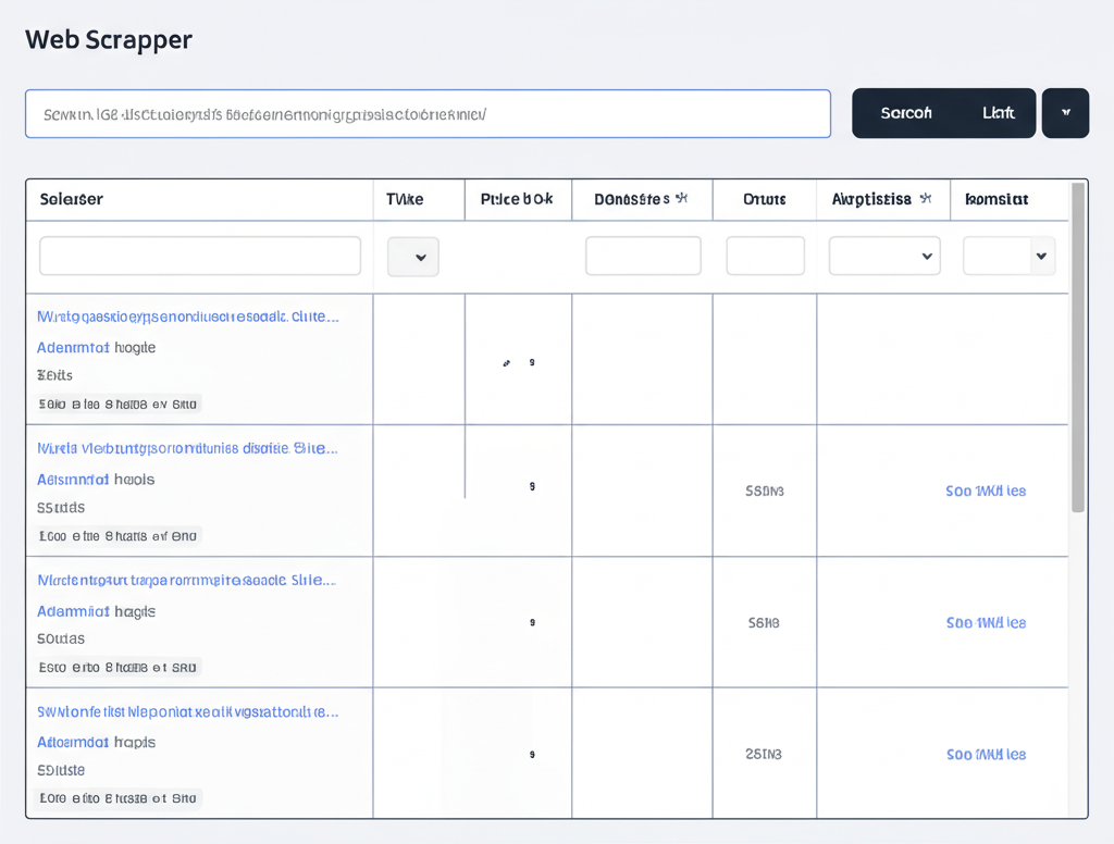 Web scraper interface showing URL input, selector options, and results table